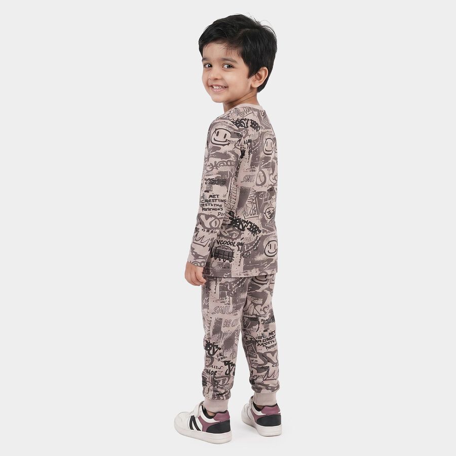 Boys Charcoal Cotton Round Neck Graphic Print Baba Suit, Charcoal, large