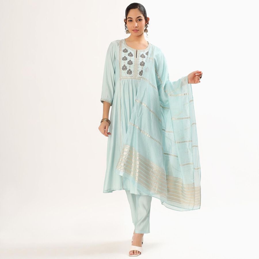 Women's Soft Aqua Blue Embroidered Ethnic Set, Light Blue, large image number null
