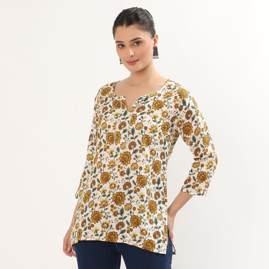 Women's Bright Mustard Yellow Notch Neck Floral Printed Kurti, Yellow, large