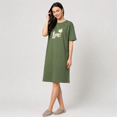 Women's Olive Green Round Neck T-Shirt Style Nighty