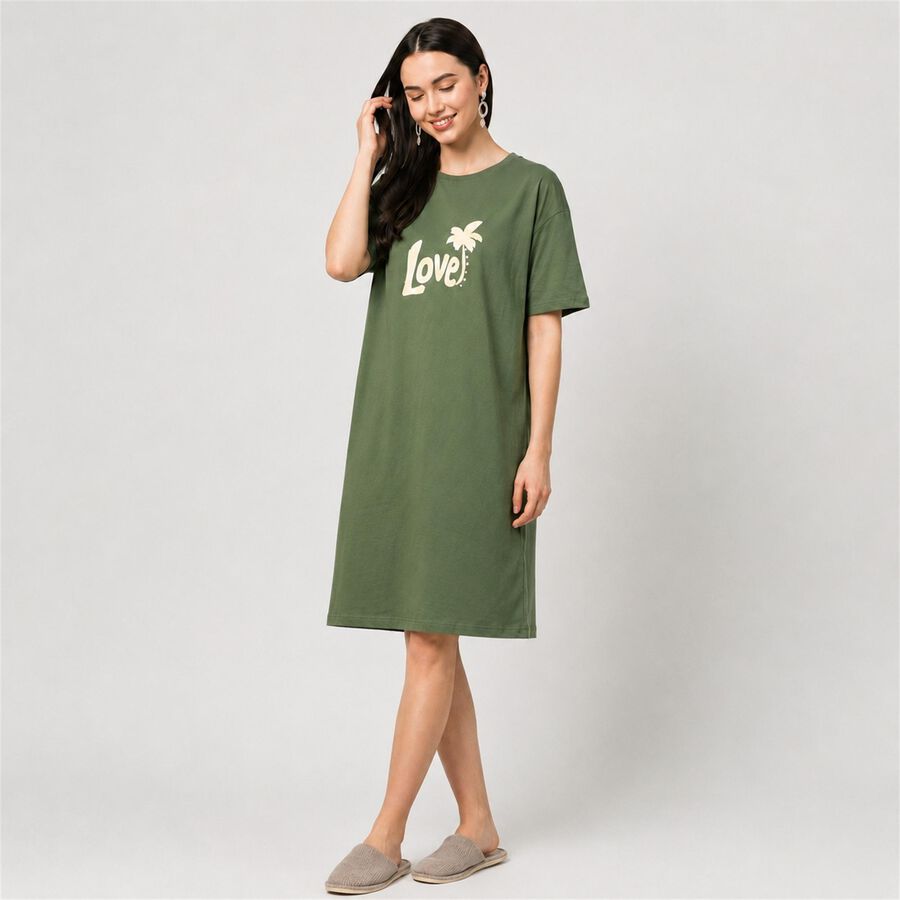 Women's Olive Green Round Neck T-Shirt Style Nighty, Olive, large