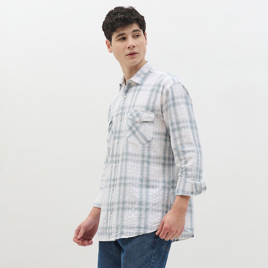 Men's Soft Eggshell White Cotton Checkered Casual Shirt, ऑफ व्हाइट, large