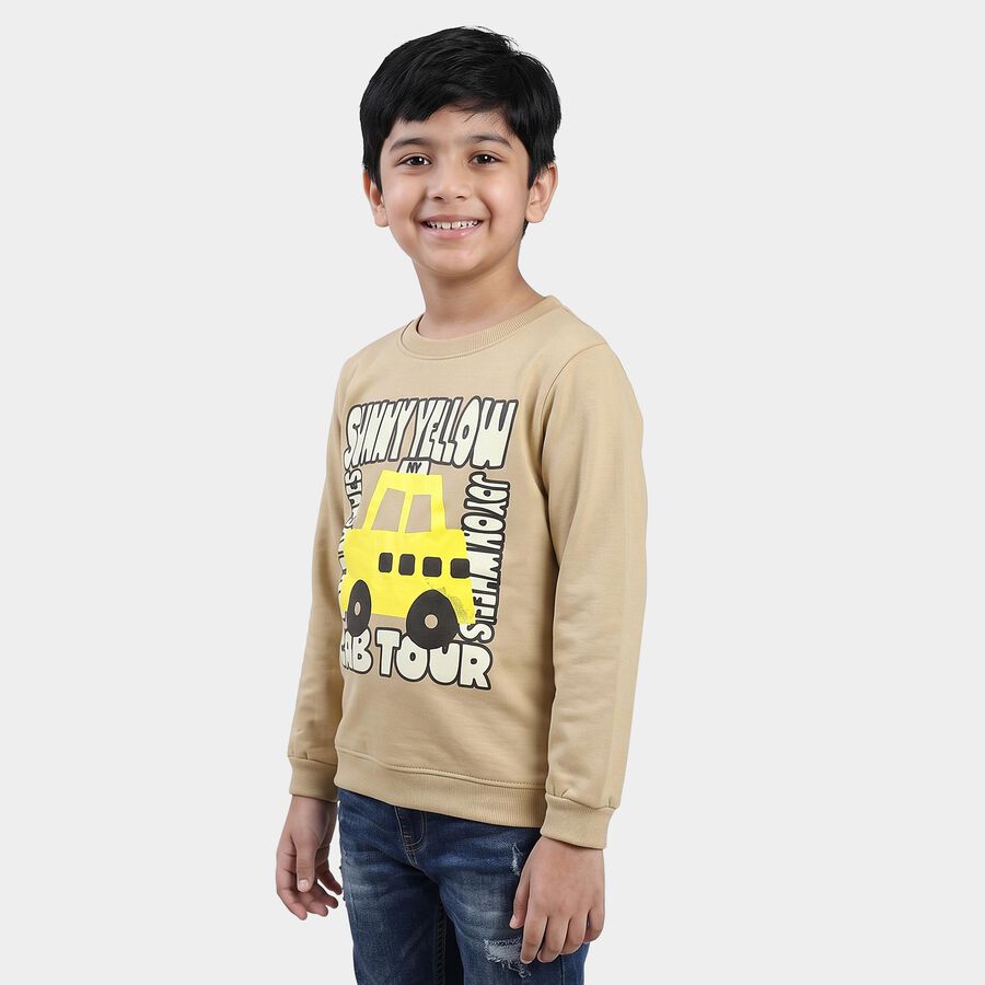 Boys' Beige Crew Neck Graphic Print Sweatshirt, गहरा पीला, large