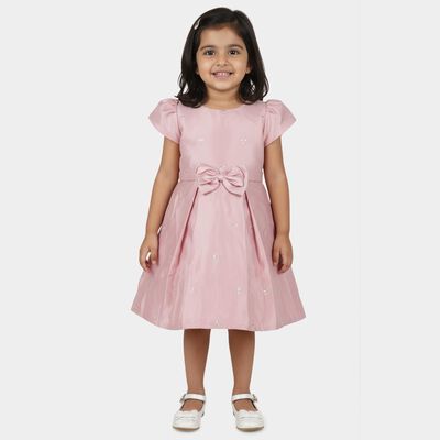 Girls' Pink Embroidered Bow Party Wear Frock
