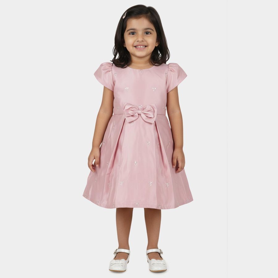 Girls' Pink Embroidered Bow Party Wear Frock, हल्का गुलाबी, large