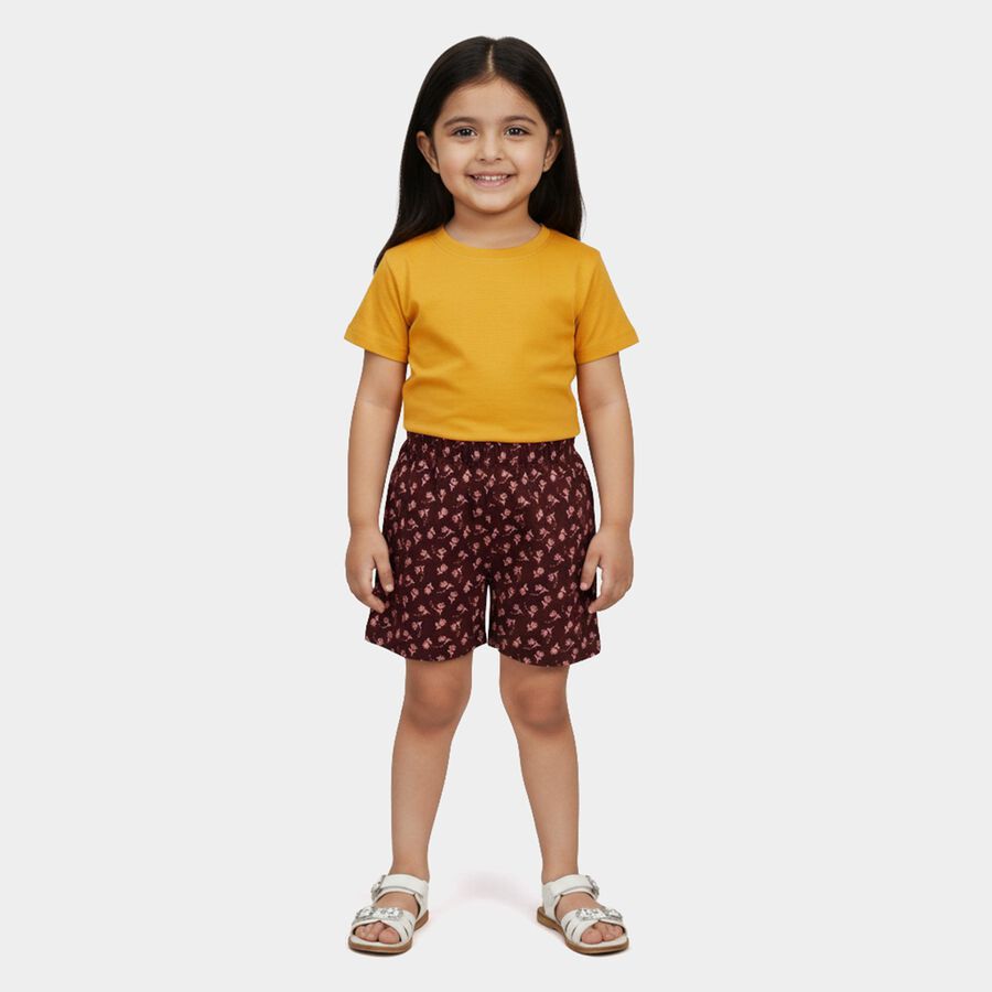 Girls' Wine Floral Elastic Waist Shorts, Wine, large