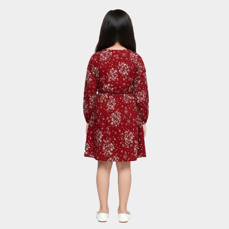 Girls' Deep Crimson Red Round Neck Floral Print Dress, वाइन, large image number null