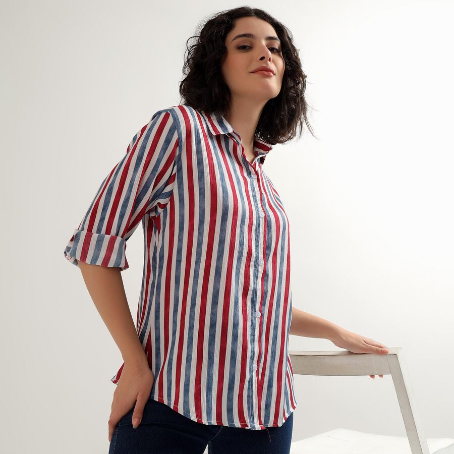 Women's Bright Red and Navy Blue Collar Casual Shirt, Red, large image number null