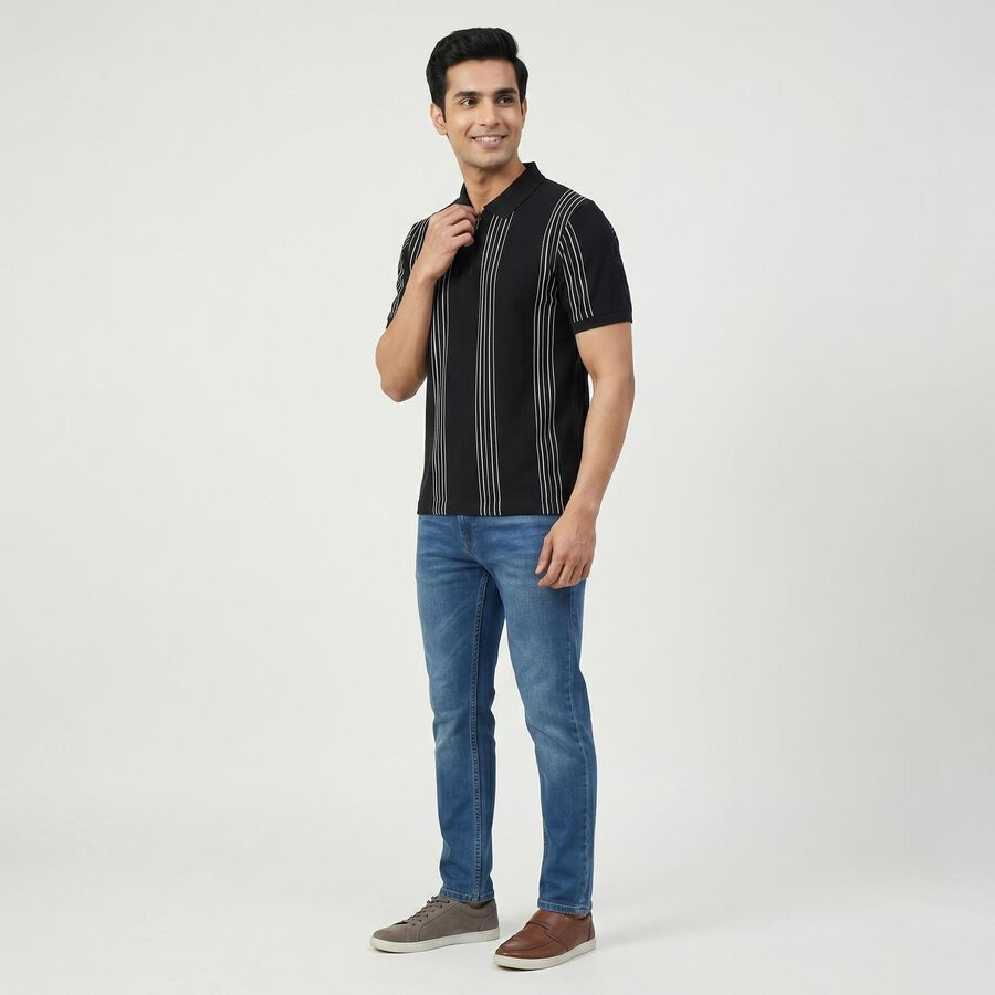 Men Black Collared Casual T-Shirt, Black, large