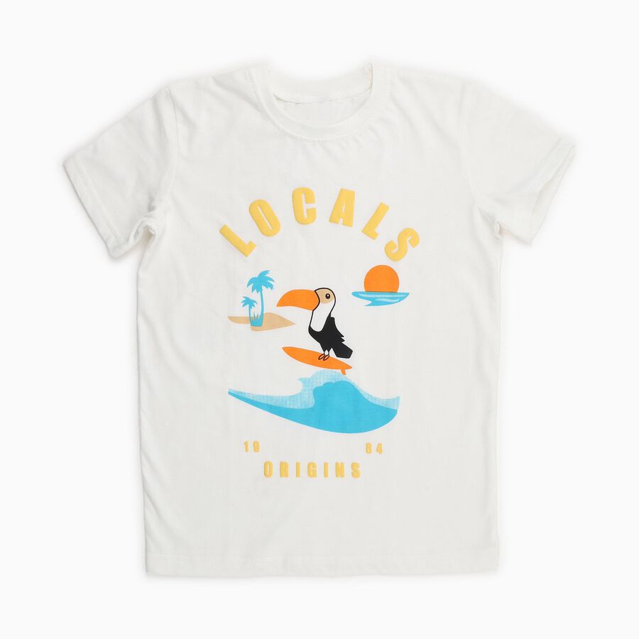 Boys Off-White Cotton Round Neck Casual T-Shirt, Off White, large