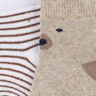 Infants Light Beige and White Regular Fit Bear and Striped Design Pack of 2 Socks, ऑफ व्हाइट, small image number null