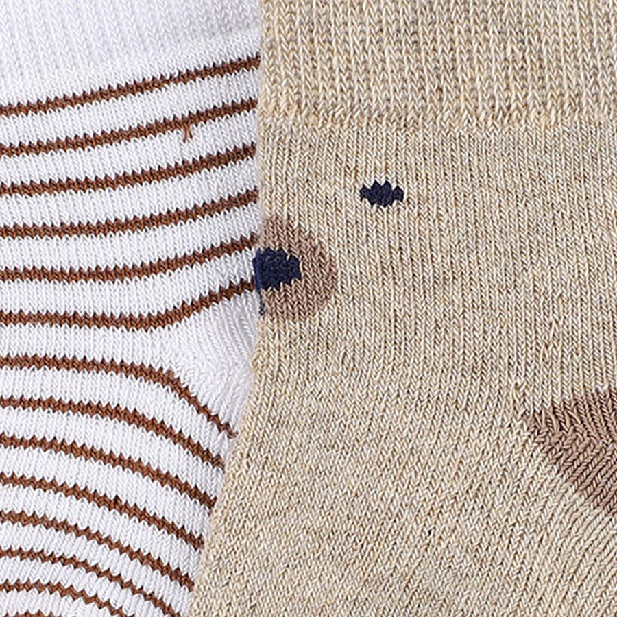 Infants Light Beige and White Regular Fit Bear and Striped Design Pack of 2 Socks, ऑफ व्हाइट, large image number null