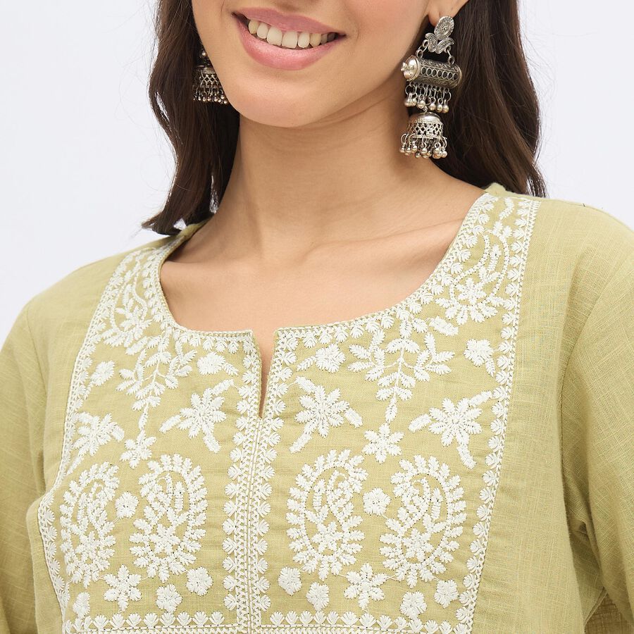 Women's Light Sage Green Cotton Round Neck Embroidered Kurti, हल्का हरा, large image number null