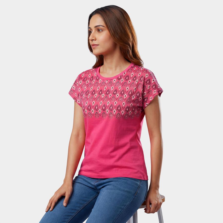 Women's Fuchsia Round Neck Graphic Printed T-Shirt, Fuchsia, large