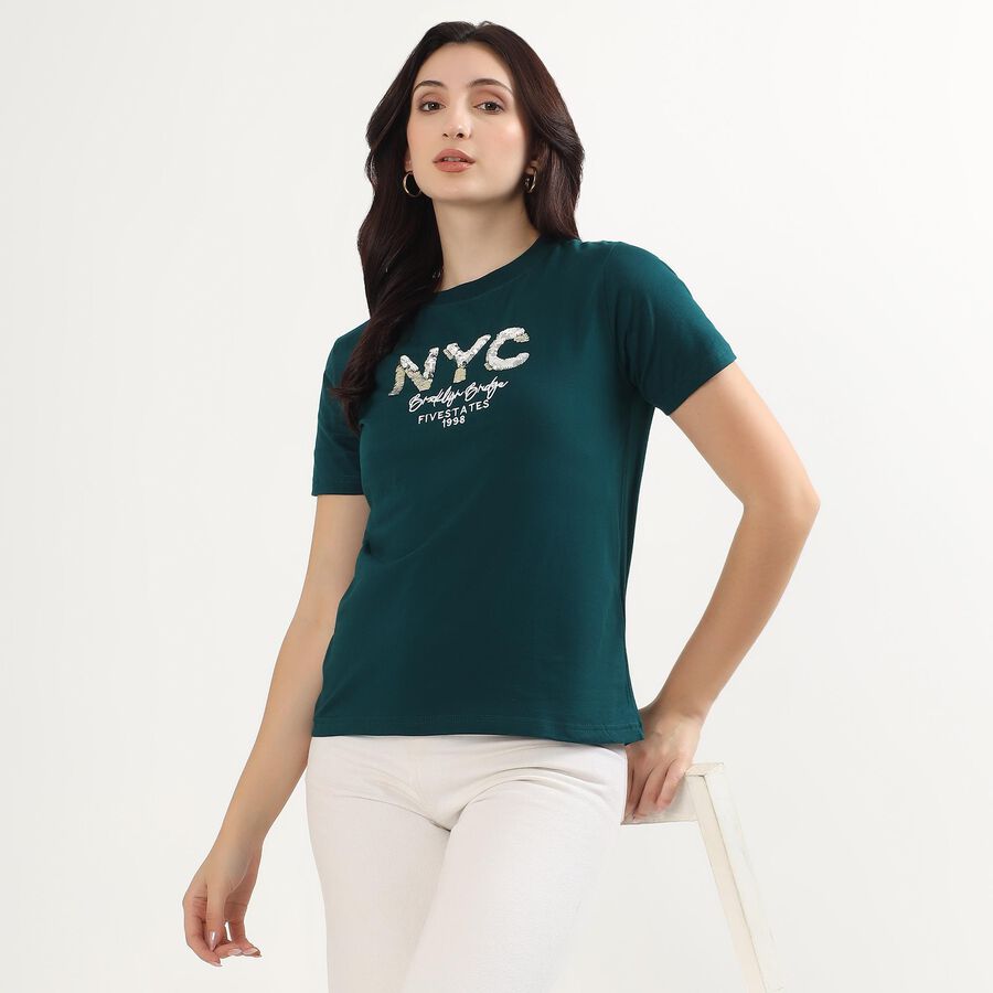 Women's Deep Green Cotton Round Neck Casual T-Shirt, Dark Green, large image number null