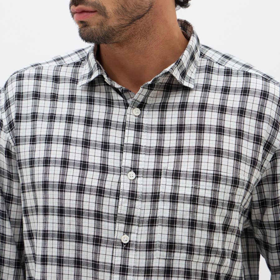Men's White and Black Checkered Spread Collar Casual Shirt, White, large