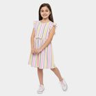 Girls' Multicolour Striped Flutter Sleeve Fit and Flare Frock, Off White, small