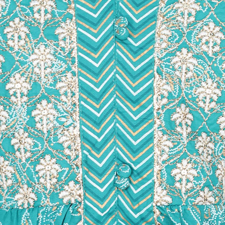 Girls Bright Teal Embroidered Kurta and Palazzo Fusion Set with Dupatta, Aqua, large image number null