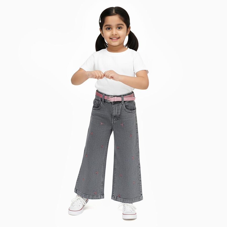 Girls' Muted Charcoal Grey Wide-Leg Embroidered Jeans, हल्का ग्रे, large image number null