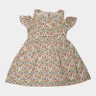 Girls' Cream Floral Printed Fit and Flare Cold Shoulder Frock, ऑफ व्हाइट, small