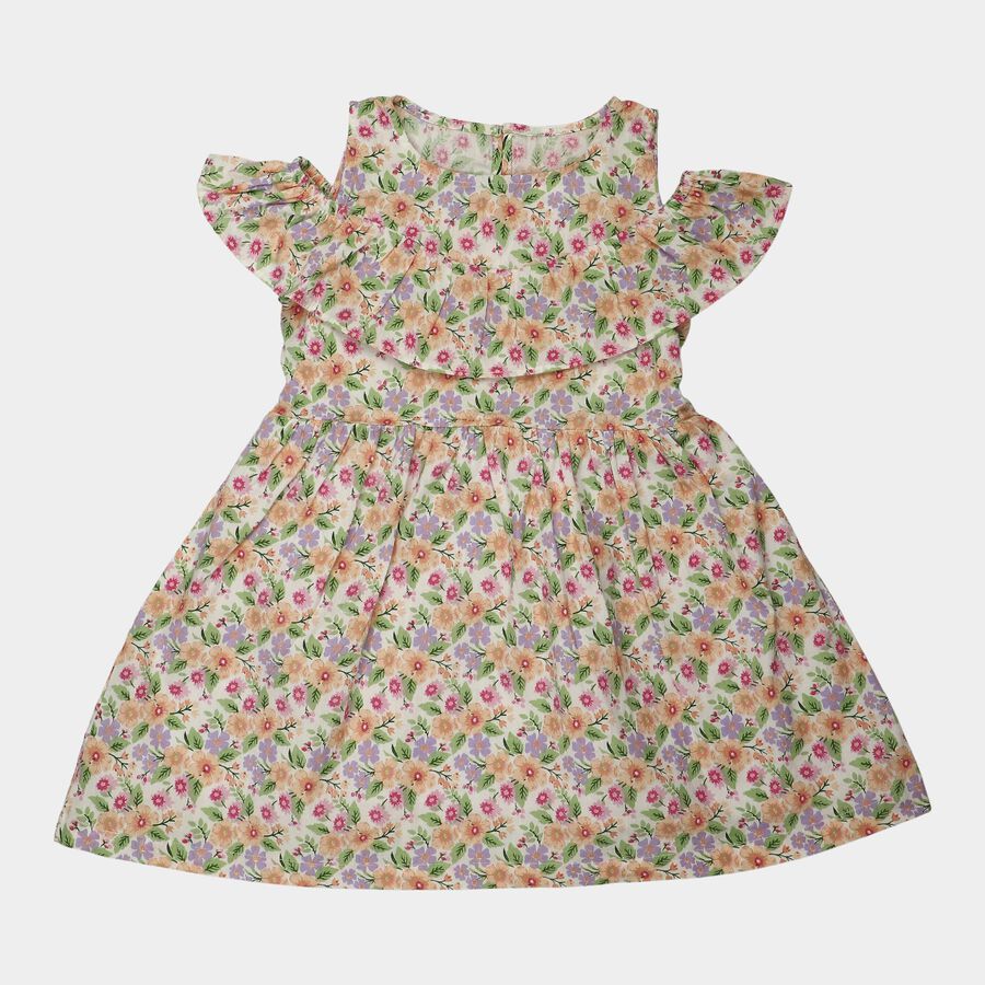 Girls' Cream Floral Printed Fit and Flare Cold Shoulder Frock, ऑफ व्हाइट, large