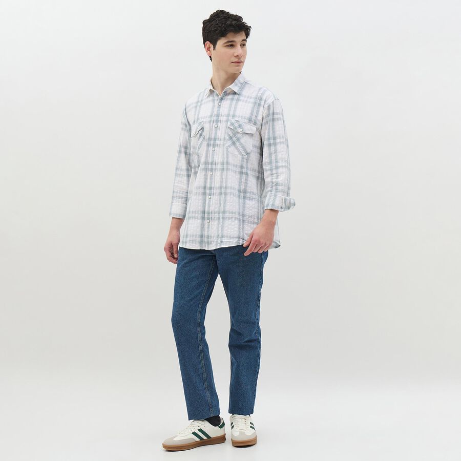 Men's Soft Eggshell White Cotton Checkered Casual Shirt, ऑफ व्हाइट, large