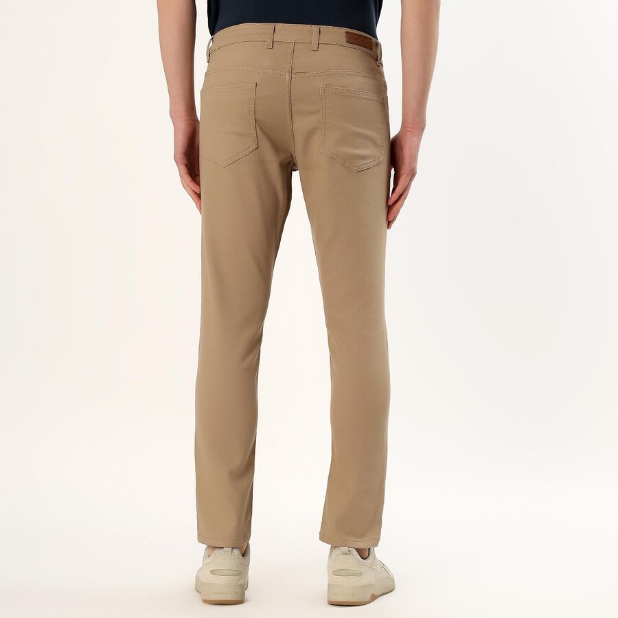 Men's Beige Slim Fit Flat-Front Casual Trousers, Khaki, large
