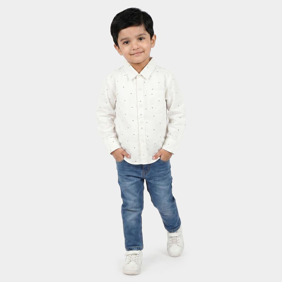 Boys White Geometric Spread Collar Regular Fit Shirt, White, large