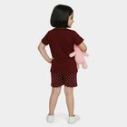 Girls Wine Round Neck Cat Graphic Printed Night Suit, वाइन, small