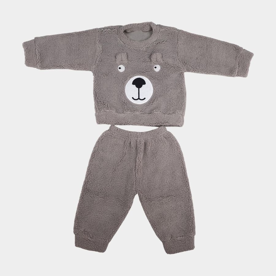 Infants' Grey Round Neck Bear Appliqu&eacute; Baba Suit, हल्का ग्रे, large