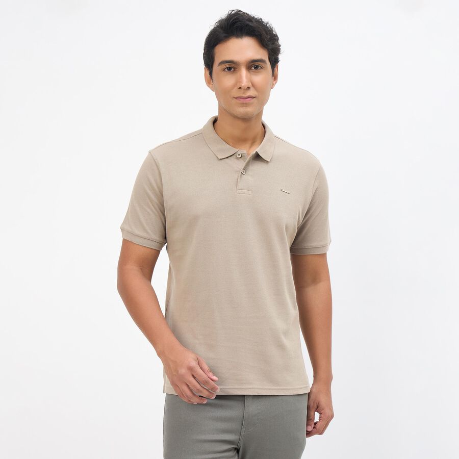 Men's Beige Cotton Polo Neck Classic T-Shirt, गहरा पीला, large