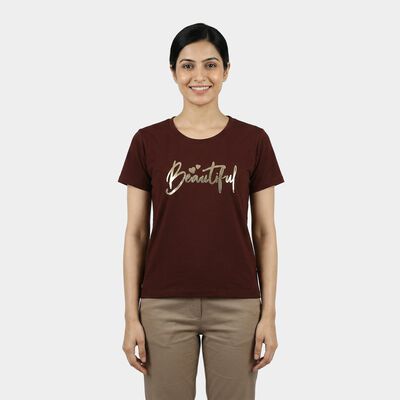 Women's Wine Round Neck Casual T-Shirt