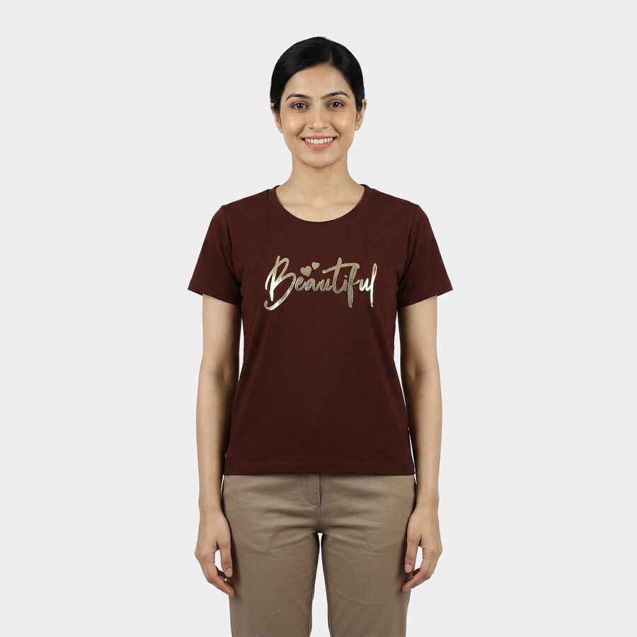 Women's Wine Round Neck Casual T-Shirt, वाइन, large