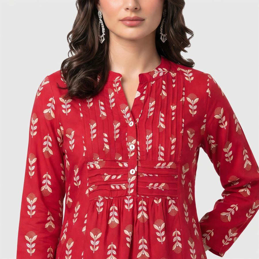Women's Fuchsia Band Collar Floral Printed A-Line Kurti, रानी (फ्यूशिया), large