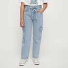 Girls' Light Blue Relaxed Fit Cargo Jeans with Rhinestone Embellishments, Light Blue, small image number null