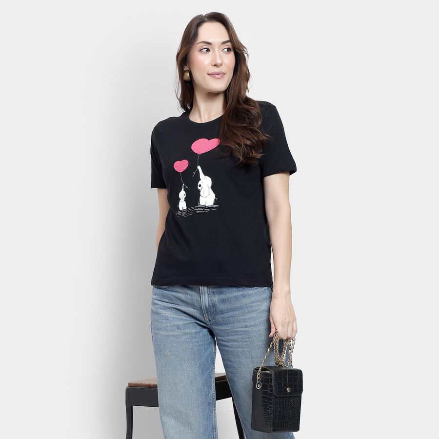 Ladies' 100% Cotton Round Neck T-Shirt, Black, large