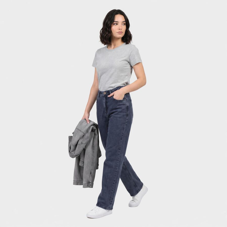 Women's Navy Blue Straight Fit Washed Jeans, मध्यम नीला, large