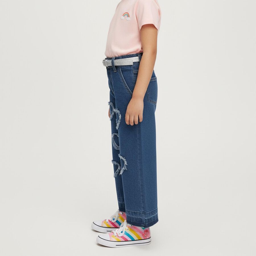 Girls' Dark Indigo Wide Leg Heart Patch Jeans, Mid Blue, large image number null