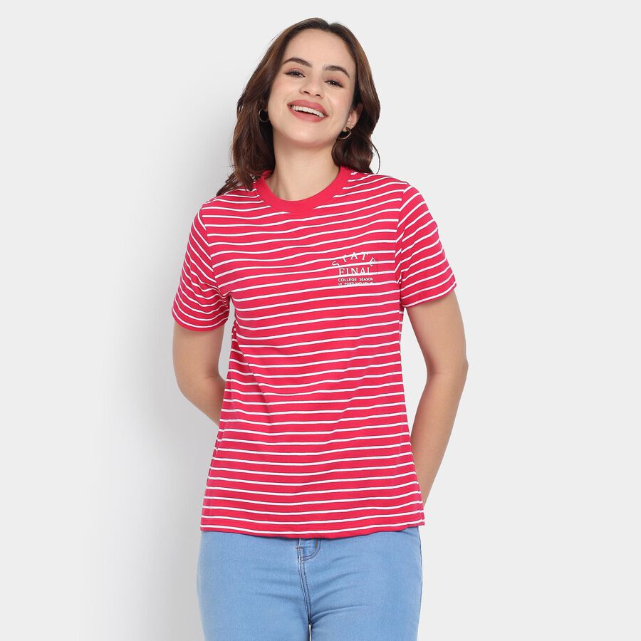 Ladies'  Stripes Round Neck T-Shirt, रानी (फ्यूशिया), large image number null