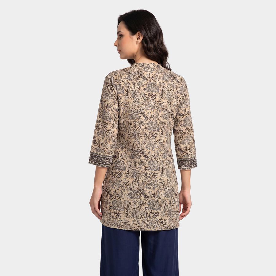 Women's Beige Cotton Round Neck Floral Printed Straight Kurti, Beige, large