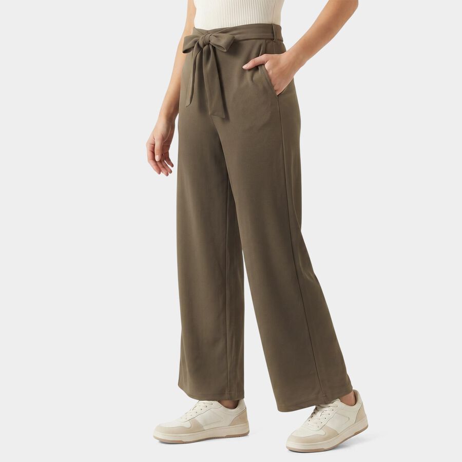 Women's Olive Green Wide Leg Tie-Up Trousers, ओलिव, large