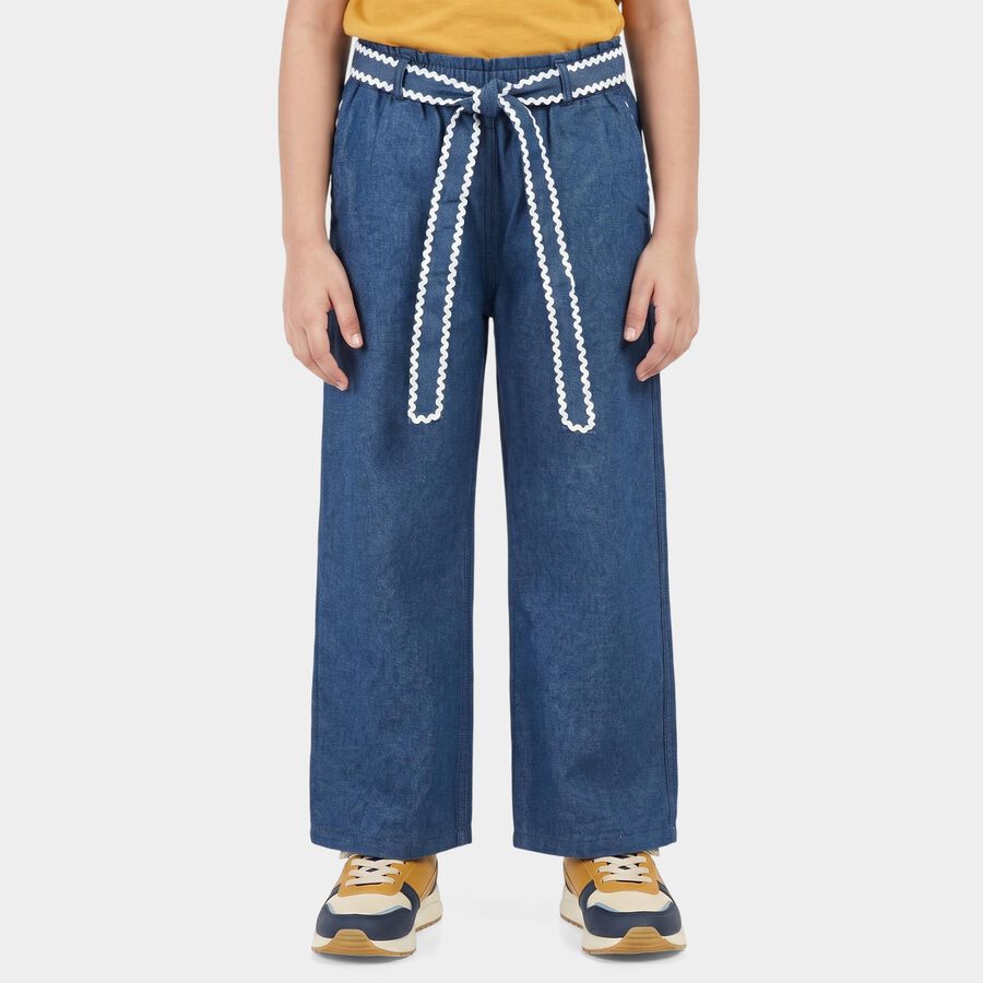 Girls' Blue Wide Leg Tie-Up Jeans, गहरा नीला, large