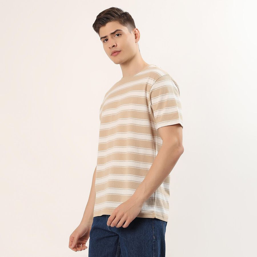 Men's Beige Cotton Blend Round Neck Casual T-Shirt, Beige, large
