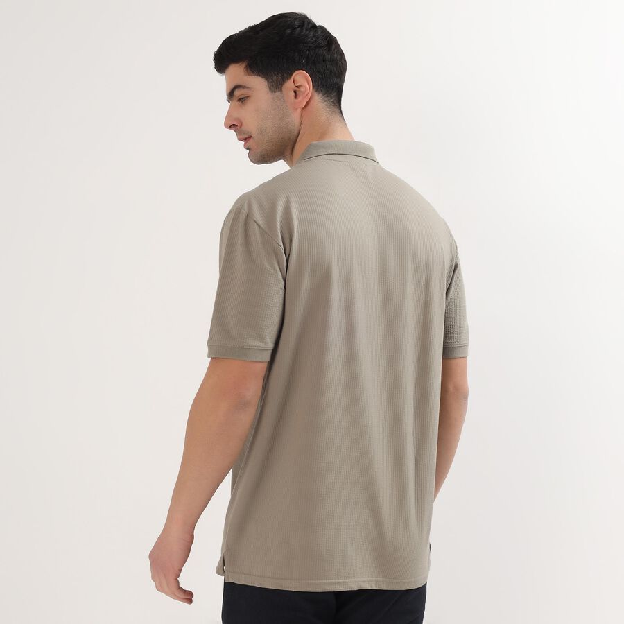 Men's Light Lime Green Polo Neck Geometric Printed Collared T-Shirt, Light Green, large