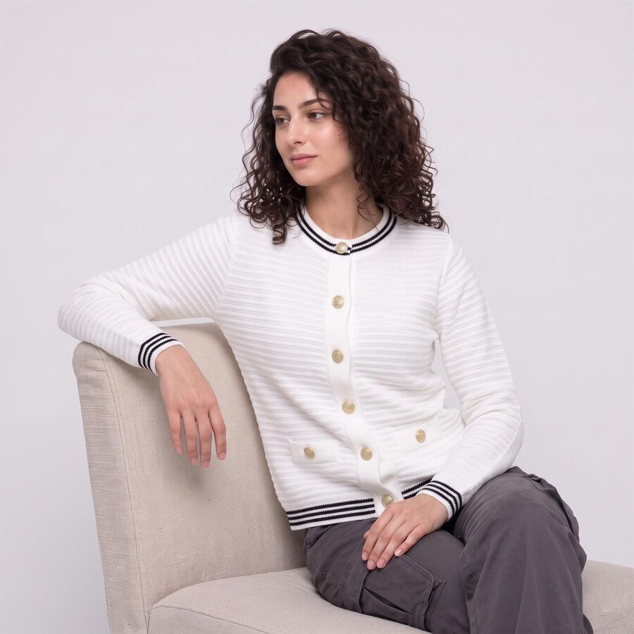 Women Off White Textured Round Neck Button-Front Cardigan, Off White, large