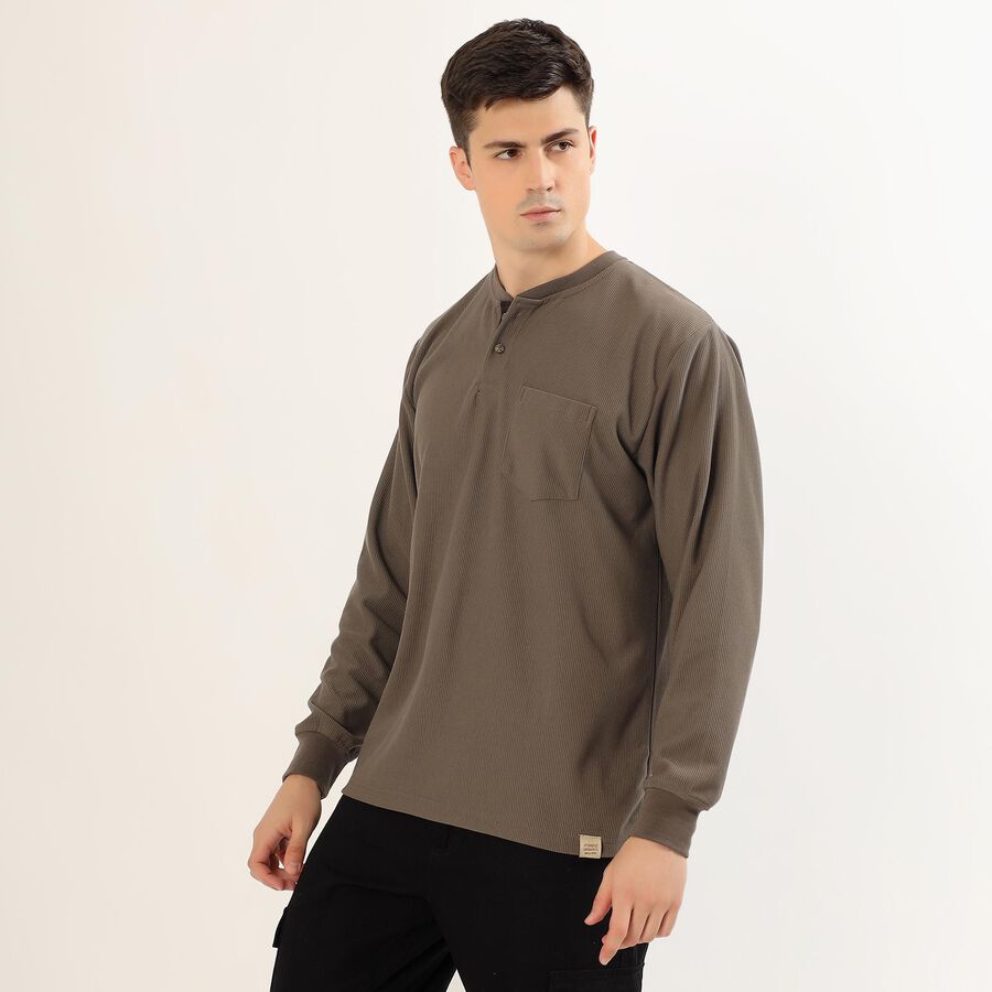 Men's Muted Olive Brown Henley Neck Casual T-Shirt, Khaki, large image number null