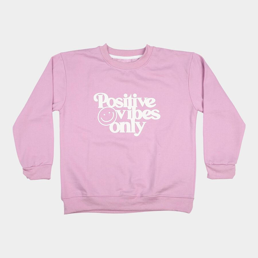 Girls' Lilac Crew Neck Graphic Print Sweatshirt, लाइलेक, large