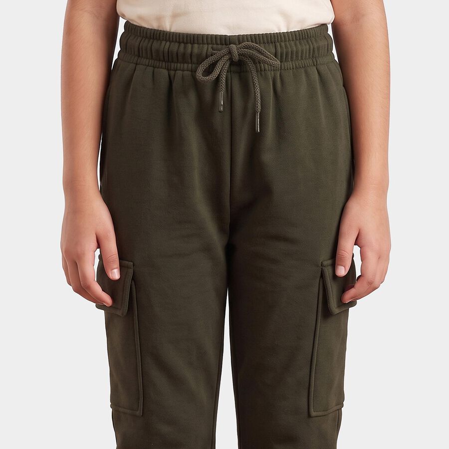 Girls Olive Green Jogger Fit Solid Cargo Pocket Winter Pyjama, ओलिव, large
