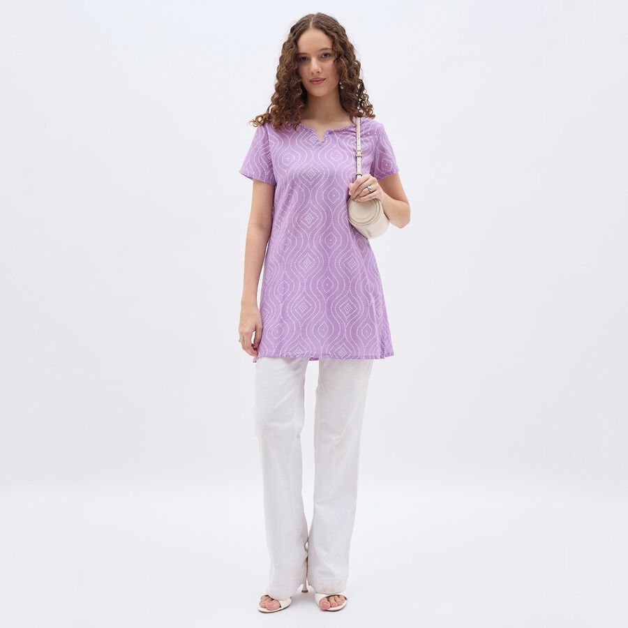 Ladies' Soft Lavender Purple Notch Neck Printed Kurti, Lilac, large