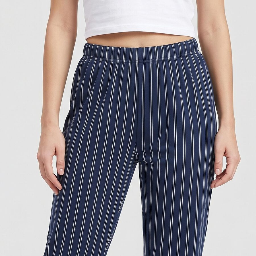 Women's Navy Blue Straight Fit Striped Lounge Pyjama, Navy Blue, large